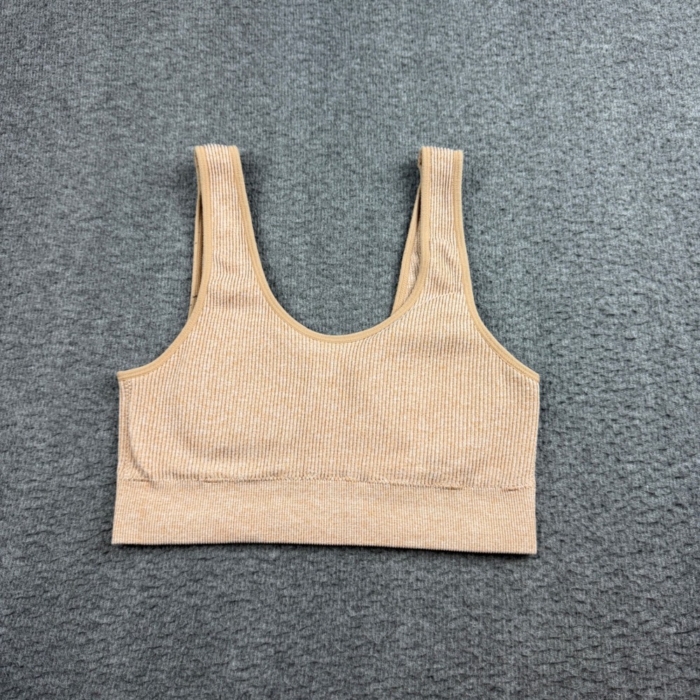Aerie Seamless Ribbed Sports Bra Women Small Tan Heathered Scoop Neck Athleisure